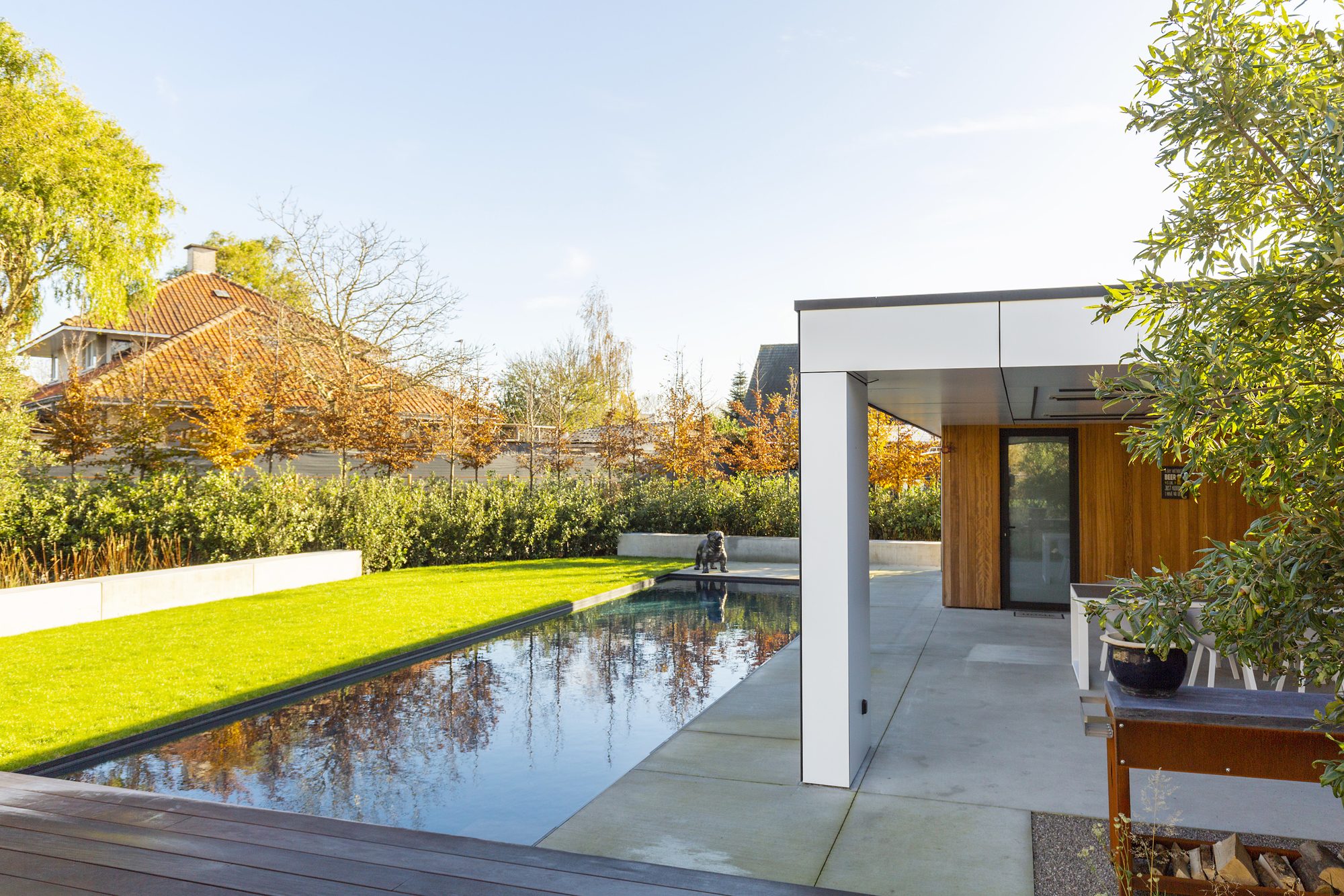 Jardin avec pool house et étang