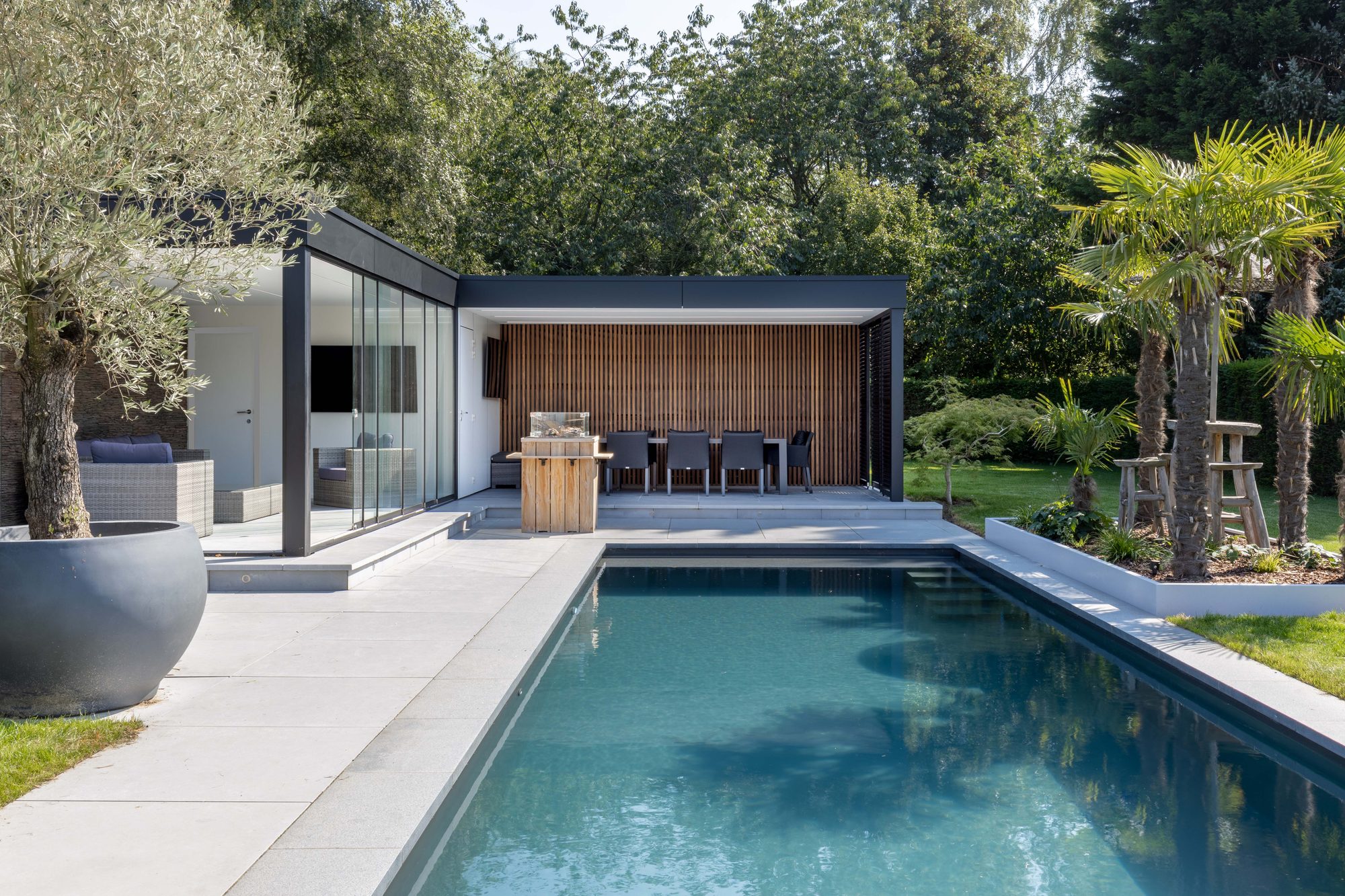 Abri de Piscine Moderne avec Trespa et Afrormosia