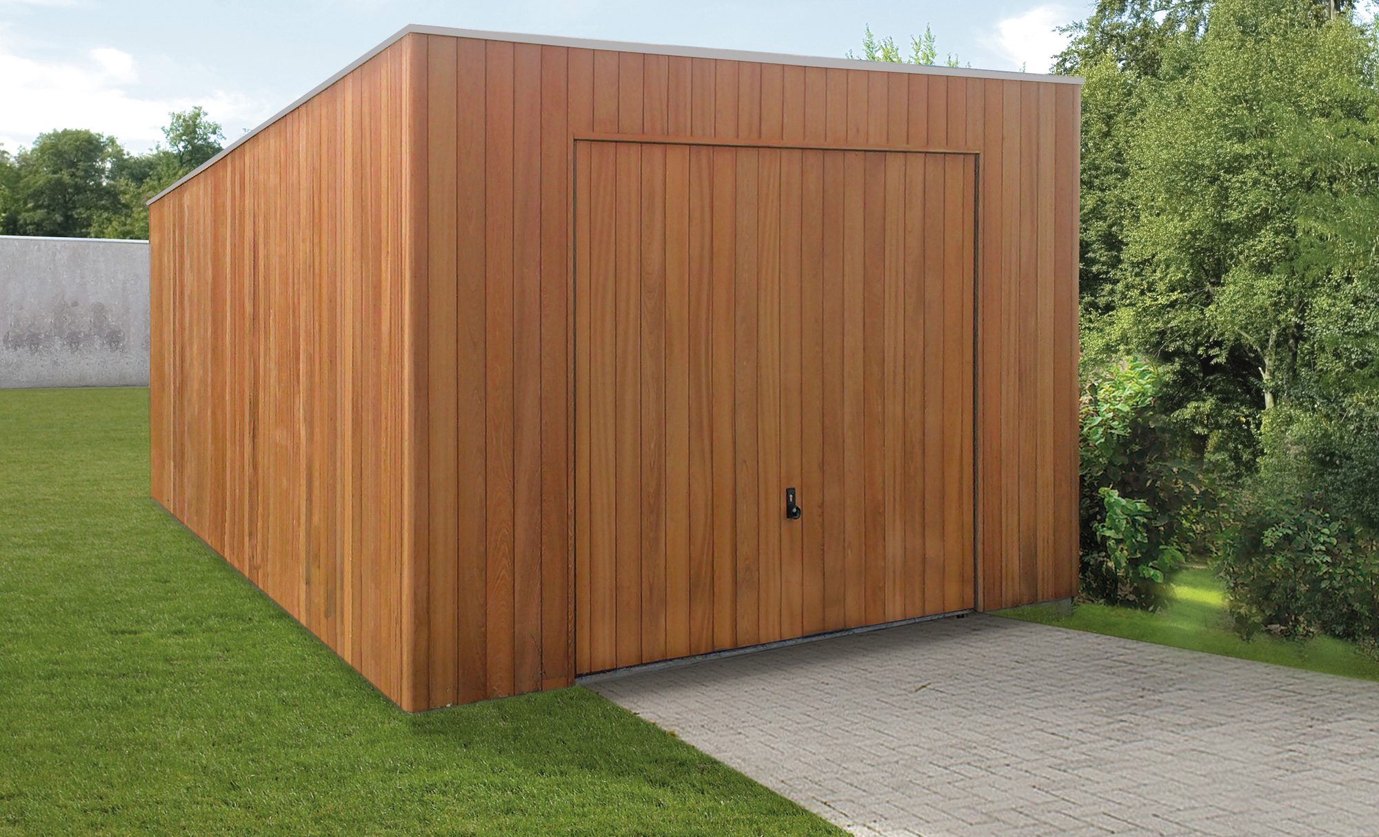 Moderne houten garage met kantelpoort