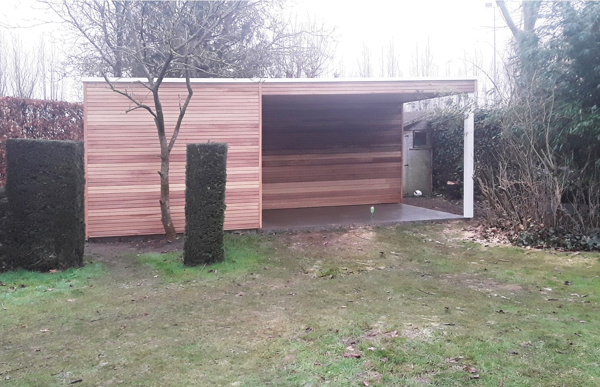Abri de jardin avec auvent en bois iroko
