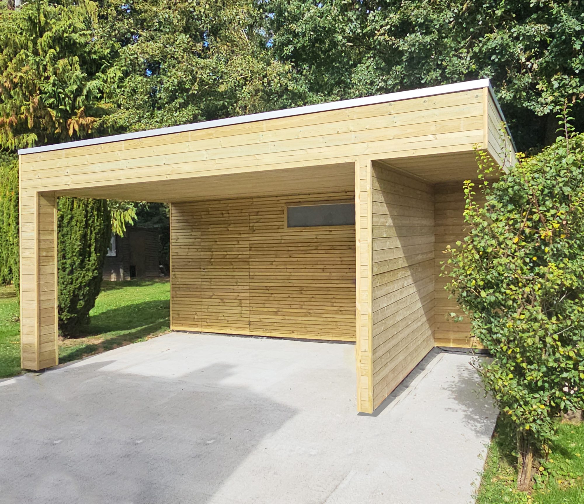 Tuinhuis met plat dak en overkapping