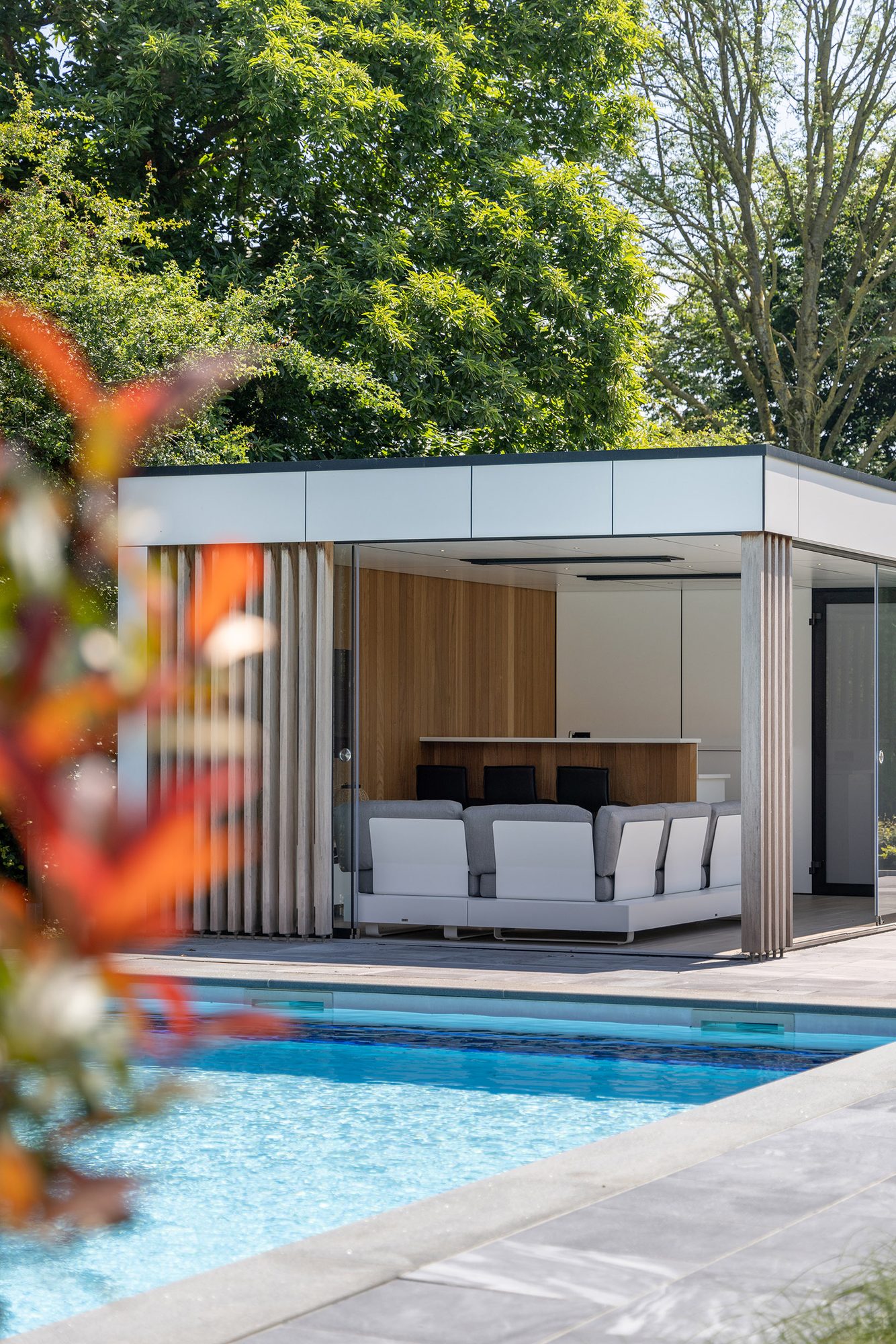 Pool house en Trespa blanc et bois d'iroko