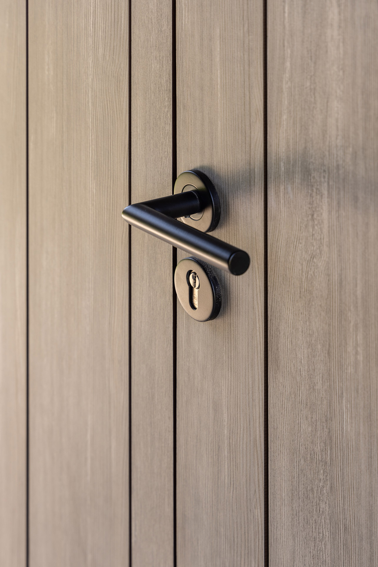 Detail deur met zwarte handgreep en Trespa Pura